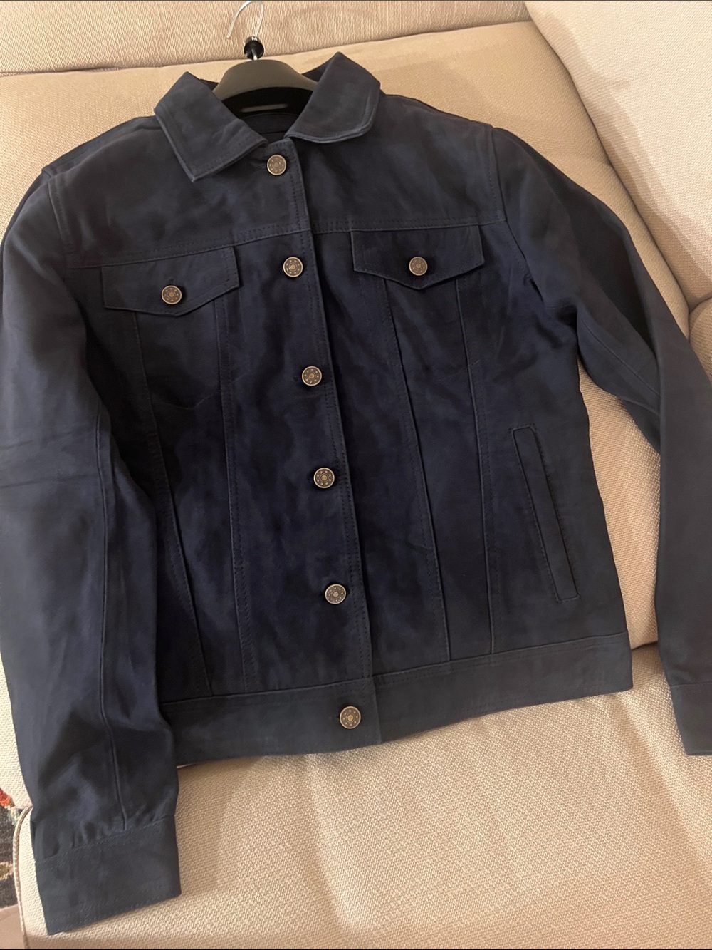 Women’s Navy 100% genuine Suede leather ,very trendy Button-Front Jacket.(New)